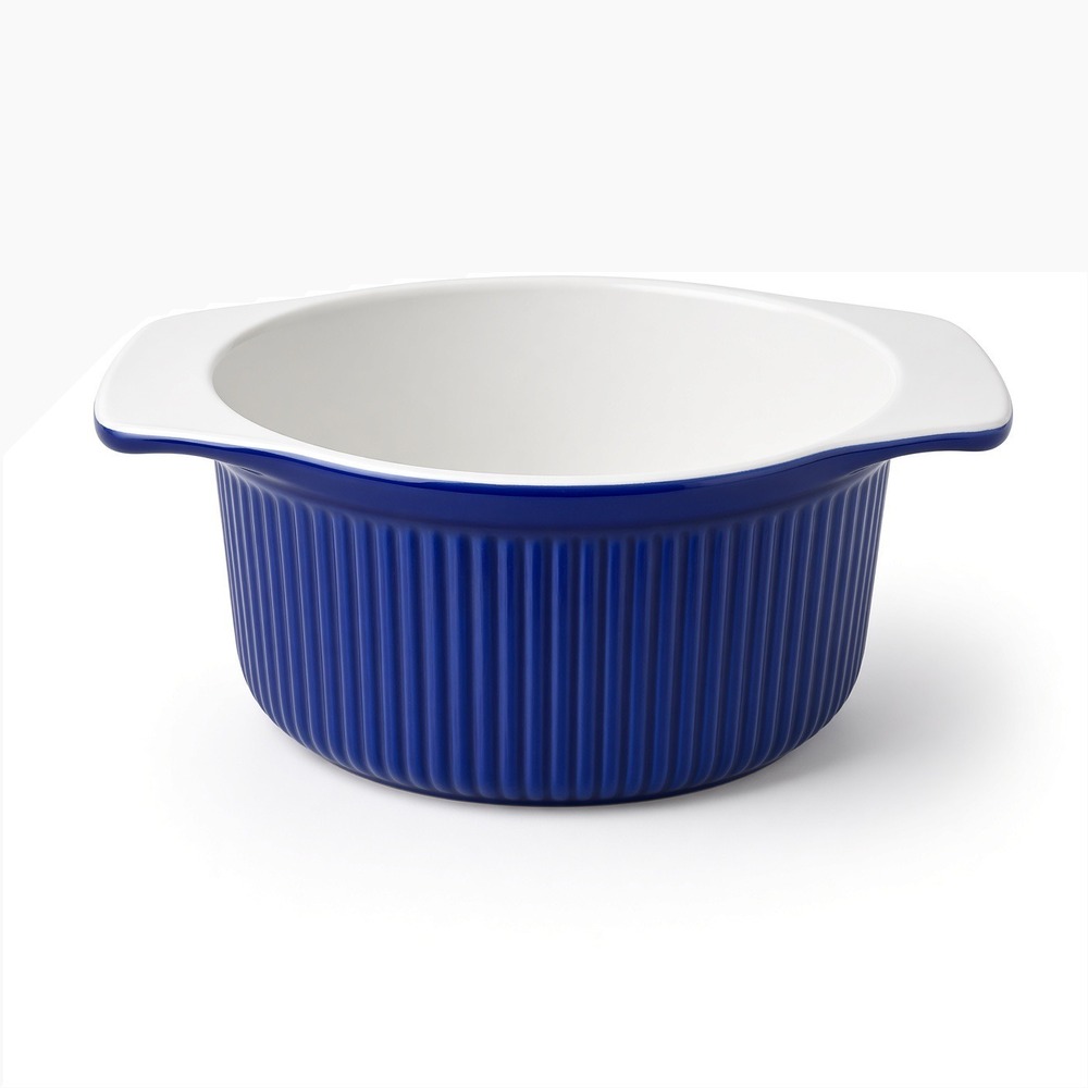 VTG Roshco Cobalt Blue Ribbed Ceramic Casserole Dish 2 Quart Hand Painted Baker